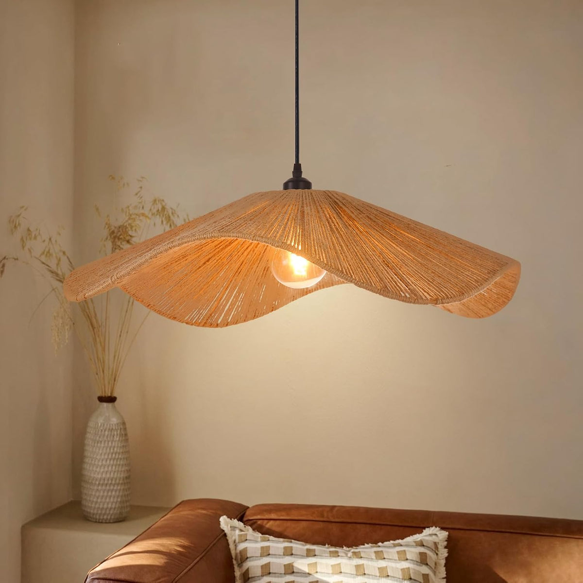 25.5" Boho Twine Pendant Lamp Shade,Large Woven Hanging Lighting for Living Room Bedroom Adjustable Modern Chandelier for Kitchen Hallway