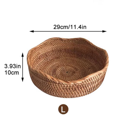 Hand-Woven Storage Basket Rattan Storage Tray Wicker Basket Bread Fruit Food Breakfast Picnic Basket Kitchen Storage Basket