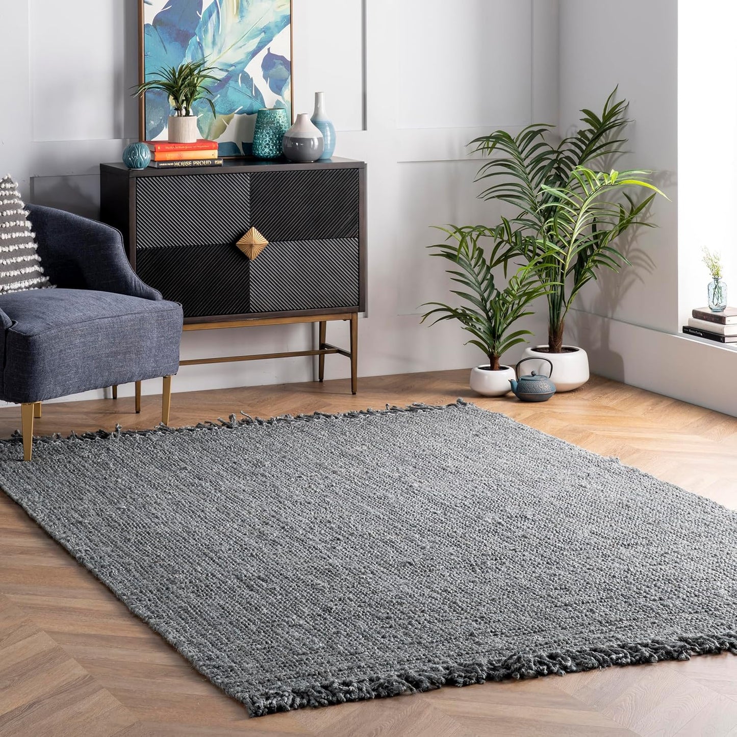 Daniela Grey, 6' X 9', Handmade, Jute, Tassel, Soft and Textured, High Traffic, Stain Resistant, Easy Clean, Durable Area Rug for Bedroom, Living Room, Dining Space, Foyer, Entryway