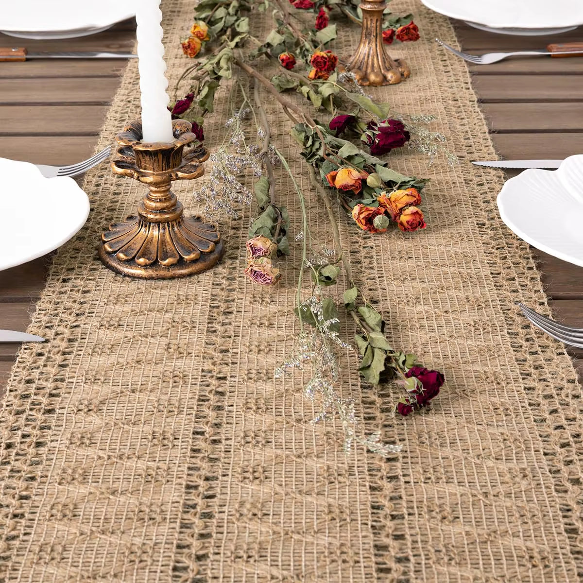 Burlap Small Table Runner Boho Rustic Macrame Spring Easter Jute Vintage Farmhouse Coffee Table Dresser Scarf for Dining Room