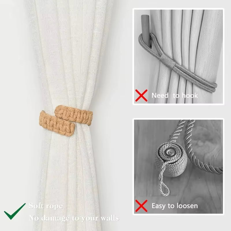 Jute Curtain Tiebacks Braided Natural Rope Holdbacks Adjustable Window Decor Woven Boho Style Coastal Home Accent