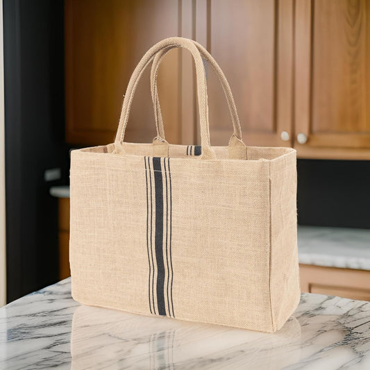 Jute Market Tote Bag with Handles, Triple Stripe