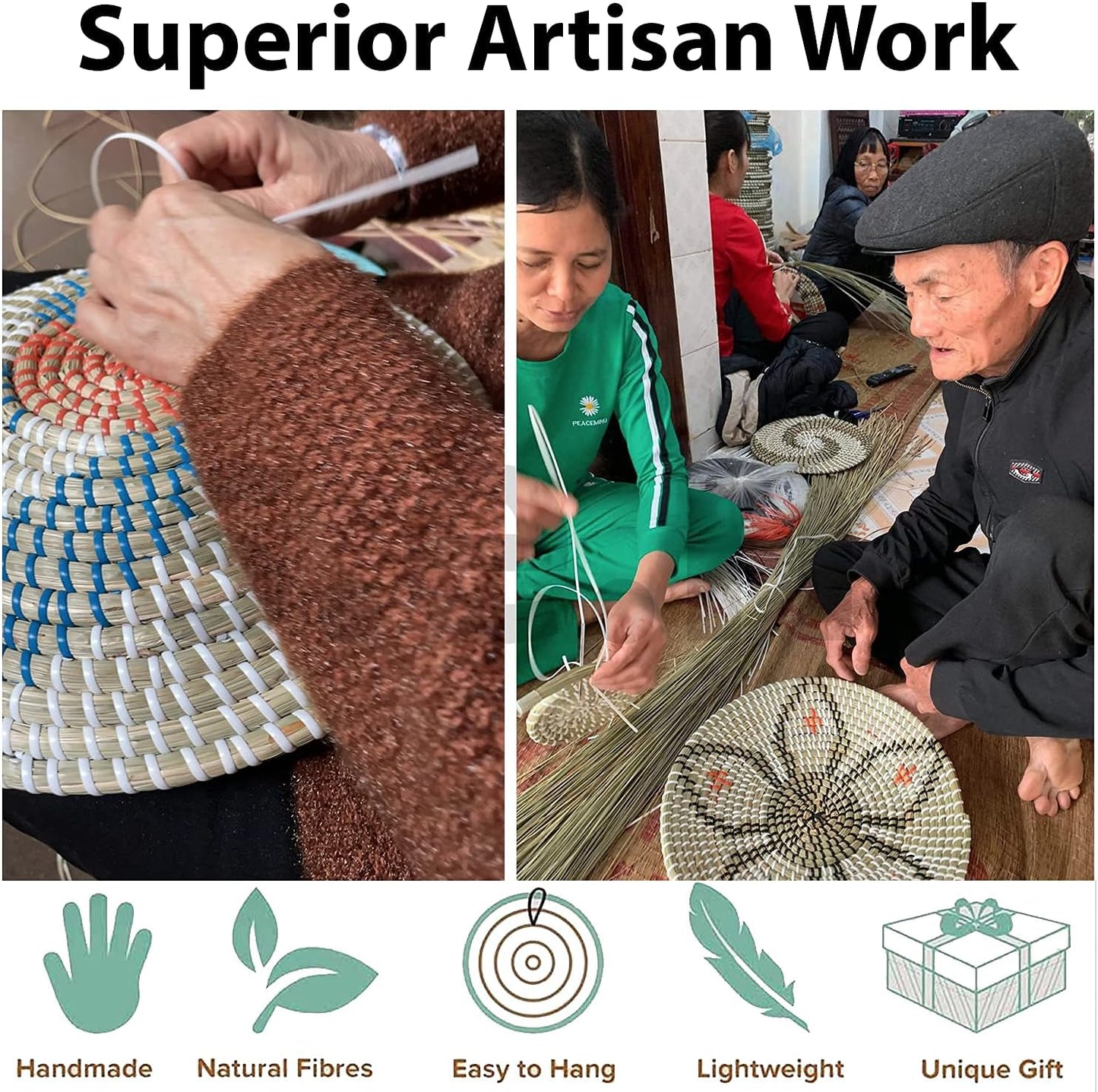 Handmade Woven Basket Wall Decor - Rattan Hanging round Baskets Boho Flat (Set 2 B and F)