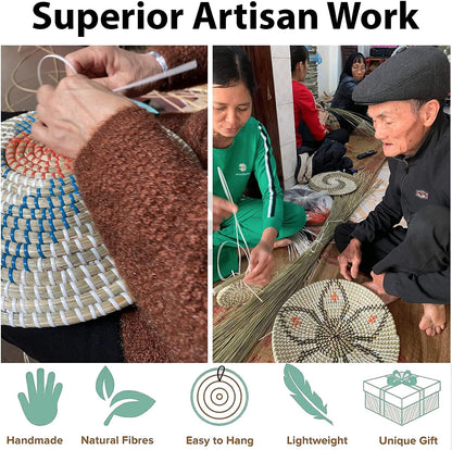 Handmade Woven Basket Wall Decor - Rattan Hanging round Baskets Boho Flat (Set 2 B and F)