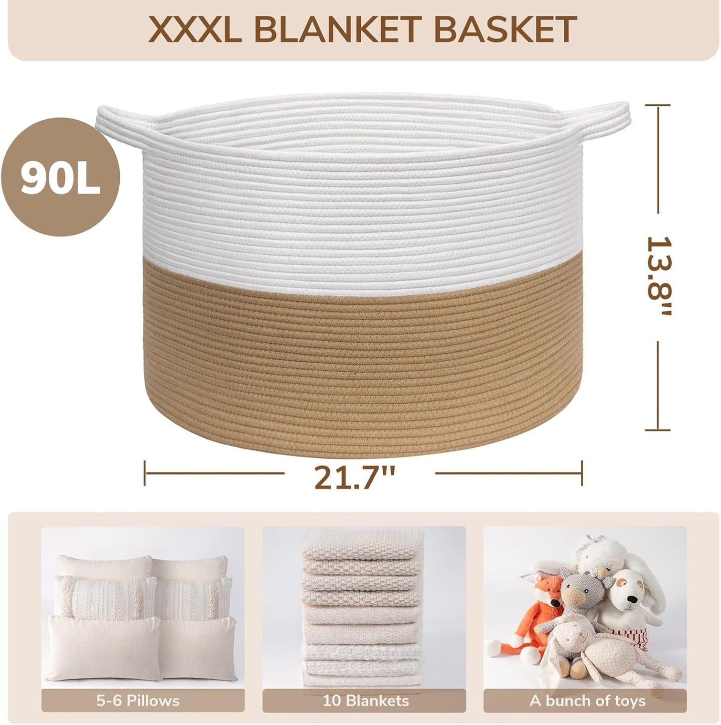 Xxxlarge Jute Rope Basket 21.7" X 21.7" X 13.8" Woven Baby Laundry Baskets for Blankets Toys Storage Basket with Handle Comforter Cushions Storage Bins Thread Laundry Hamper