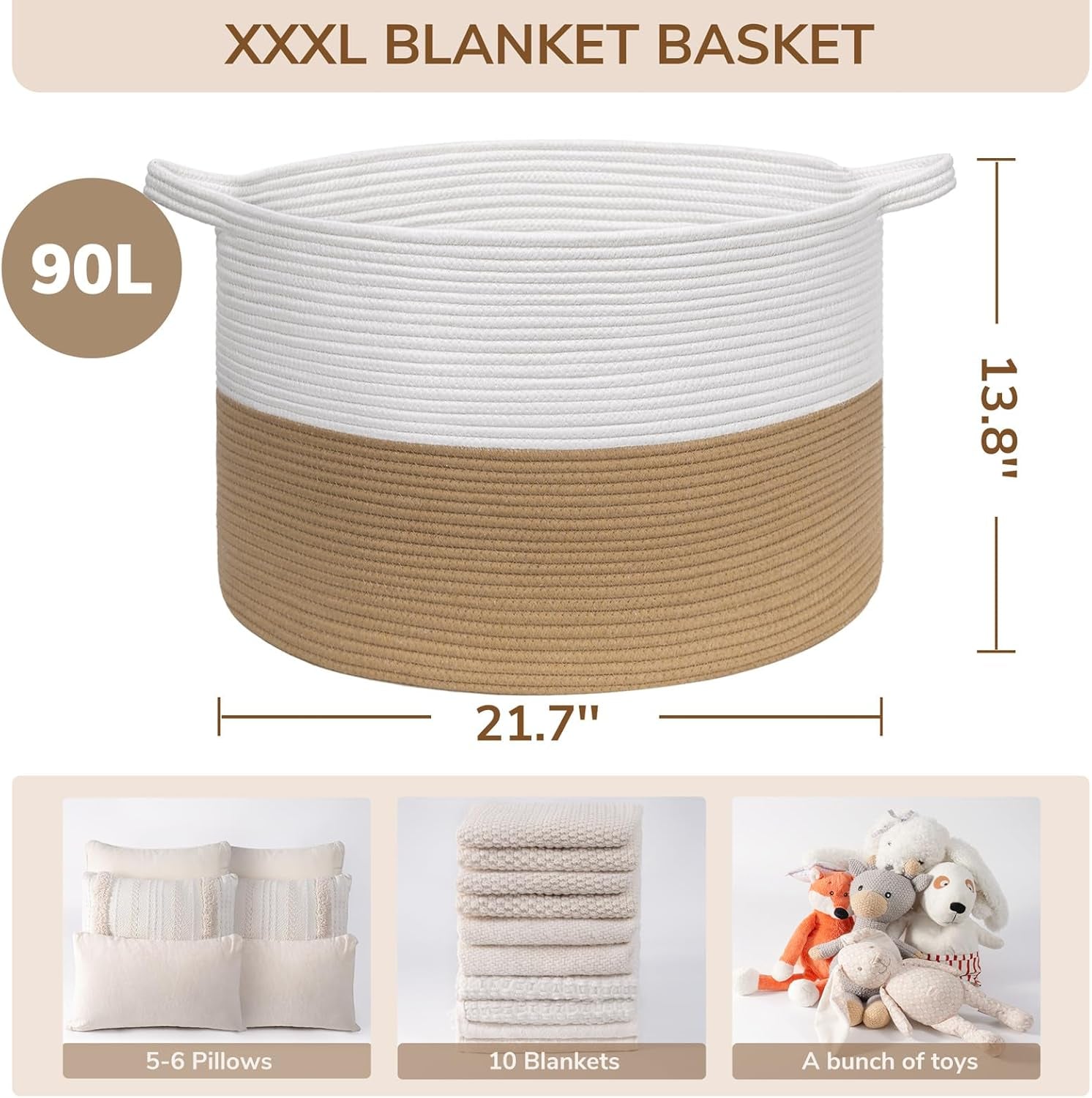 Xxxlarge Jute Rope Basket 21.7" X 21.7" X 13.8" Woven Baby Laundry Baskets for Blankets Toys Storage Basket with Handle Comforter Cushions Storage Bins Thread Laundry Hamper