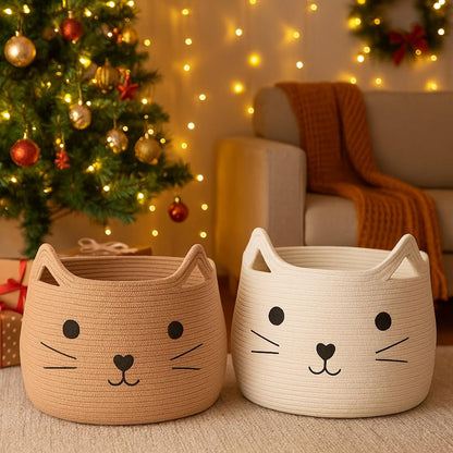 Animal Baskets Large Woven Cotton Rope Storage with Cute Cat Design Laundry Organizer for Towels, Blanket, Toys, Clothes, Gifts – Cat Toy Box Pet or Baby Gift Baskets 15"Lx14H"