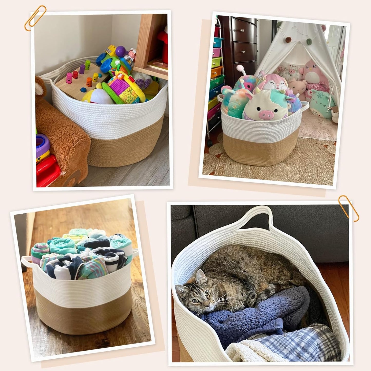 Xxxlarge Jute Rope Basket 21.7" X 21.7" X 13.8" Woven Baby Laundry Baskets for Blankets Toys Storage Basket with Handle Comforter Cushions Storage Bins Thread Laundry Hamper