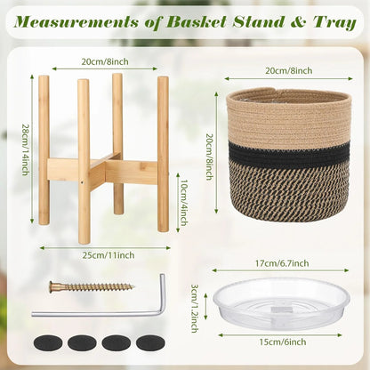 Plant Basket with Stand Indoor Planter Pot Holder Sturdy Jute Rope Modern Woven Basket, Cotton Rope Woven Pot with Bamboo Stand(7.87 Inch,Black and Beige Stripes)