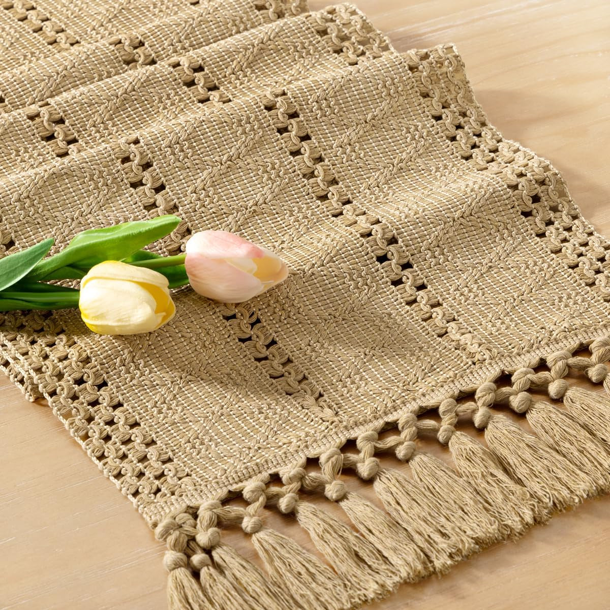 Champagne boho cotton table runner with macrame fringe