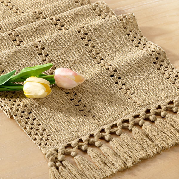 Champagne boho cotton table runner with macrame fringe